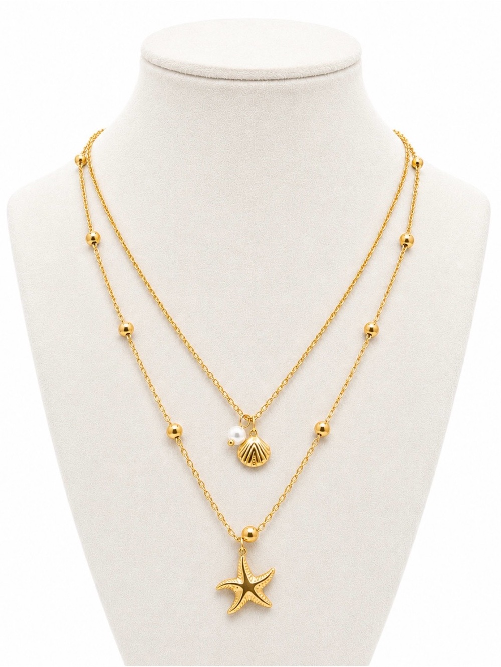 18K Gold Plated Starfish Shell‎ Faux Pearl Layered Necklace Women NWT
